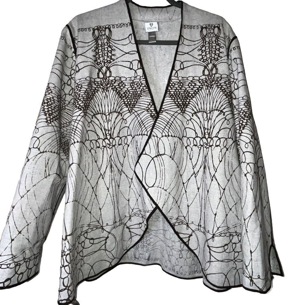 Chico's Brown & Light Gray Open-Front Patterned Jacket
